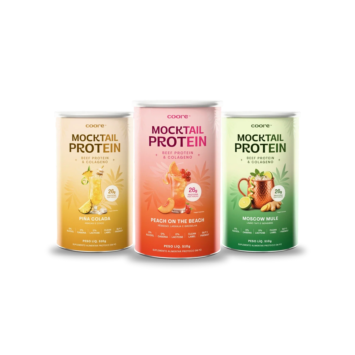 Kit Coore 3 × 510 g: os três sabores de Mocktail Protein em potes de 510 g